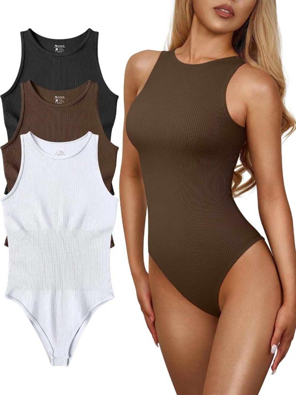 Trendy Women's 3 Piece Ribbed Bodysuits Set - Sexy Sleeveless Halter Neck